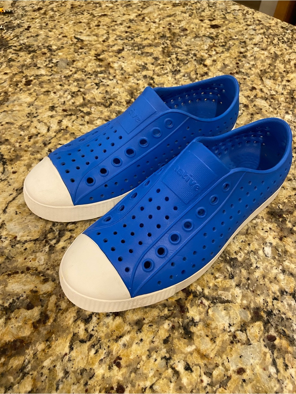 Native Jefferson Womens 8.  Blue Slip-On Shoes with White Toe Cap